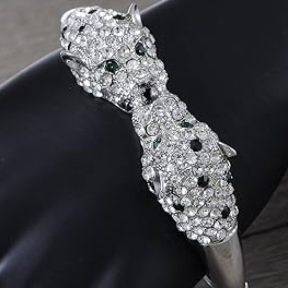 Neiman Marcus Silver Rhinestone Twin Jaguar Cuff Bangle Bracelet